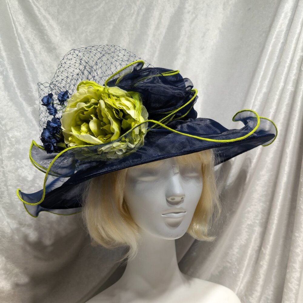 Navy Blue and Lime Green Derby-Style Hat